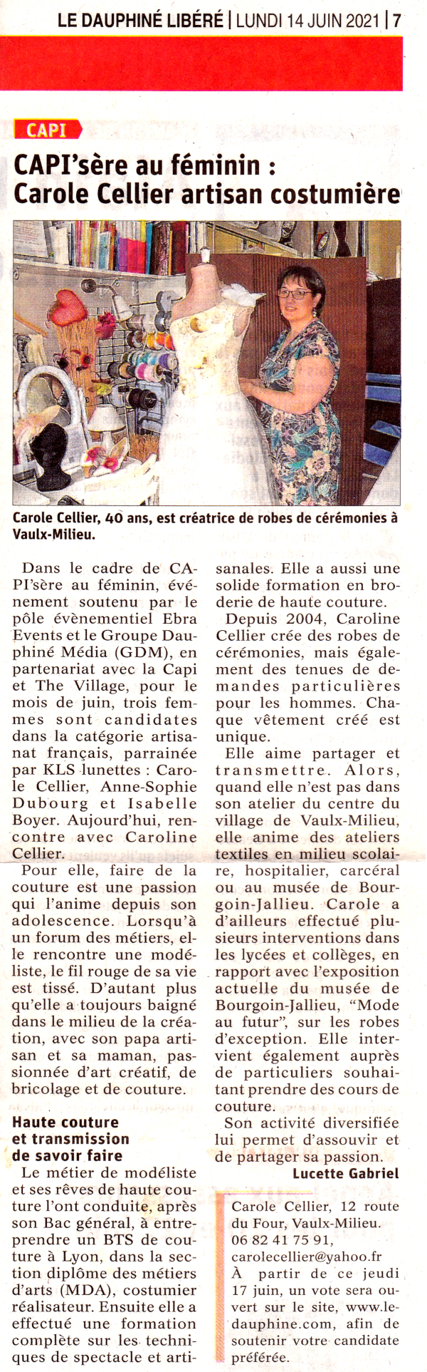 "CAPI'sère au féminin : Carole Cellier artisan costumière" Article paru dans le Dauphiné Libéré le 14 juin 2021